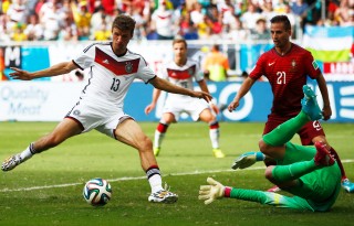 Thomas Muller completing his hat-trick in Germany 4-0 Portugal, for the FIFA World Cup 2014