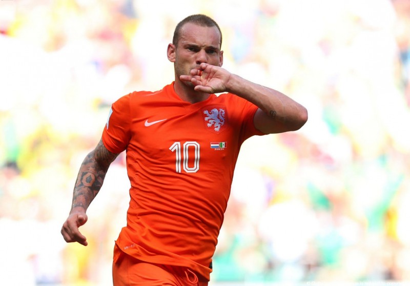 Sneijder celebrating a goal for the Netherlands