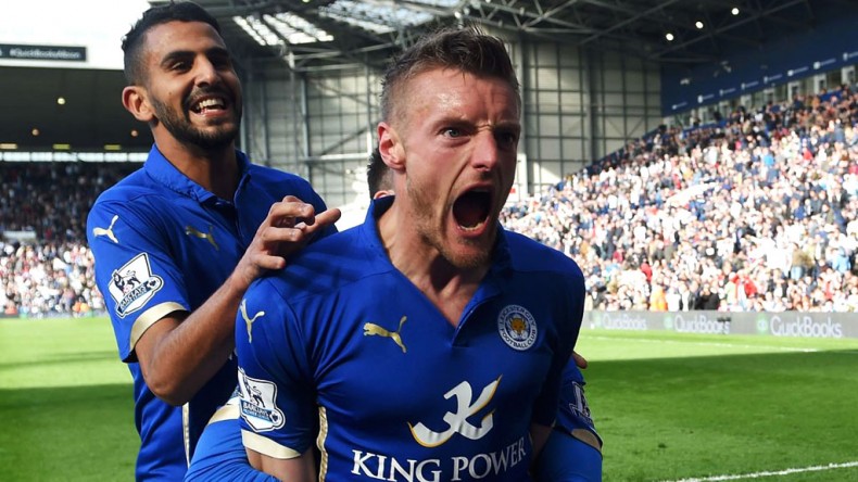 Riyad Mahrez and Jamie Vardy goal celebration for Leicester City in 2015-2016