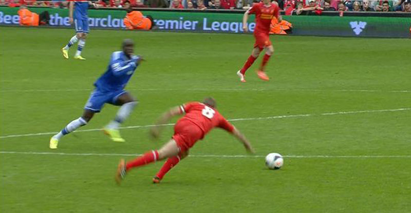 Steven Gerrard slipping in Liverpool v Chelsea, in 2014
