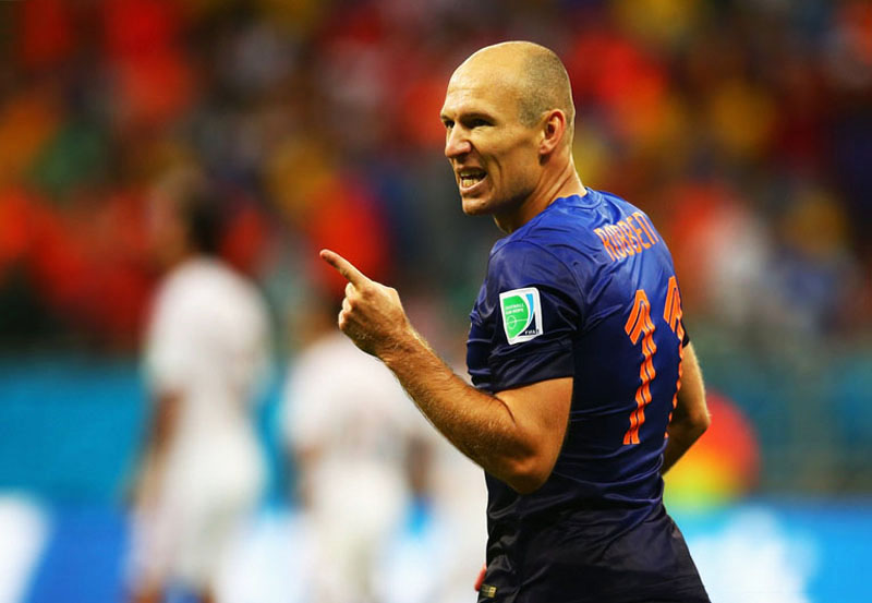 Arjen Robben playing for the Netherlands in the FIFA World Cup 2014