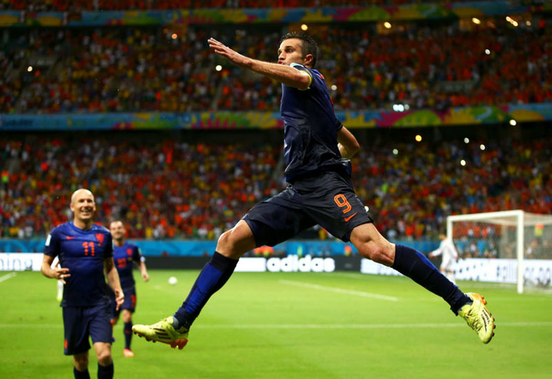 Robin van Persie celebrating a goal in Spain vs Netherlands, in the World Cup 2014