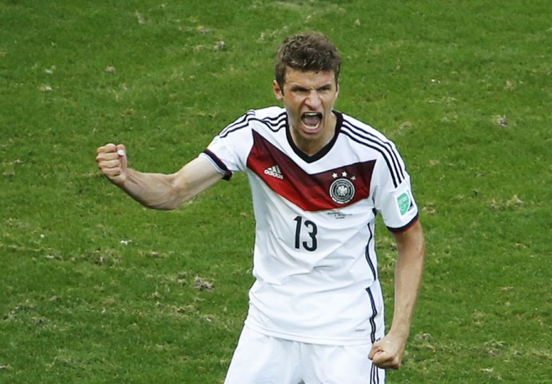 Thomas Muller celebrating his first goal in Germany 4-0 Portugal, in the 2014 FIFA World Cup