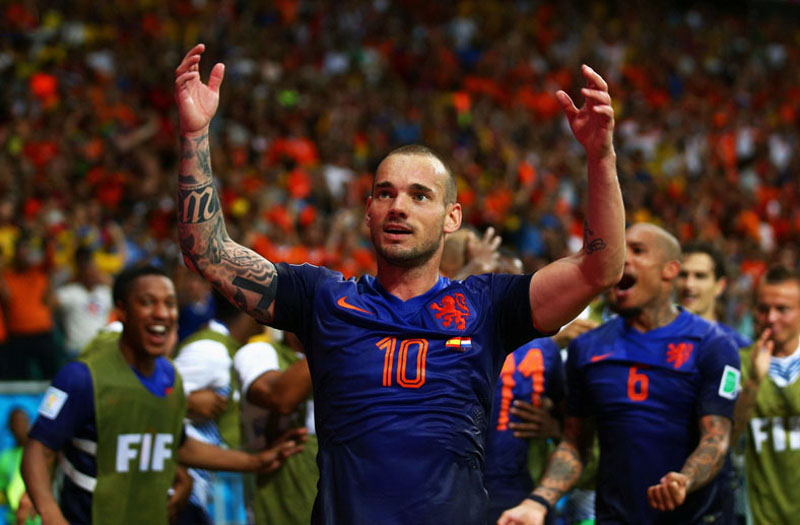 Wesley Sneijder celebrating Netherlands 5-1 win over Spain, in the 2014 World Cup