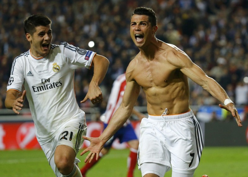 Alvaro Morata chasing Cristiano Ronaldo shirtless, in the Champions League final