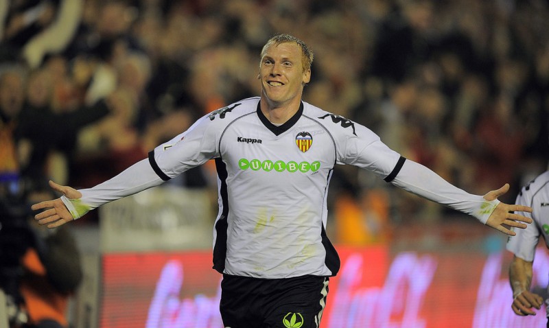 Jeremy Mathieu after scoring a goal for Valencia