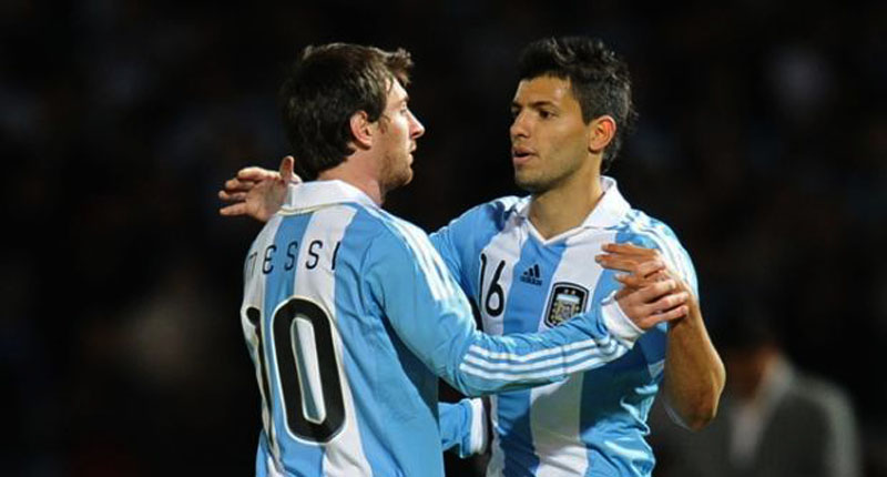 Messi and Aguero celebrating Argentina goal
