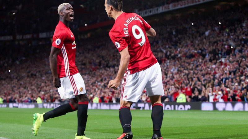 Pogba and Zlatan Ibrahimovic in Manchester United at Old Trafford in 2016-17