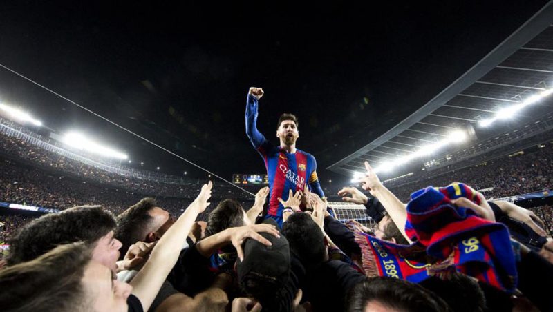 Lionel Messi celebrates Barcelona win