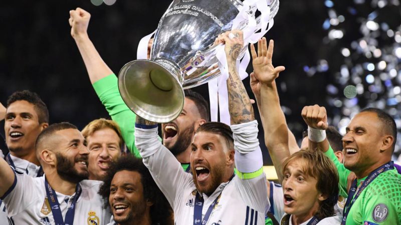 Sergio Ramos lifts the UEFA Champions League trophy for Real Madrid in 2018