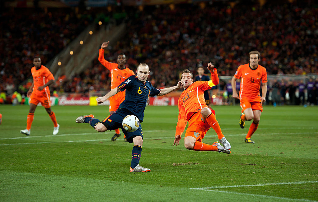 Iniesta scoring the winning goal in the World Cup final Netherlands vs Spain
